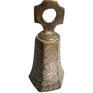 Vintage Chinoiserie Brass Hand Bell Leaf Engraving Hexagon Zen Altar Bell